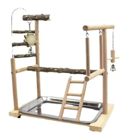 Natural pepper wood parrot stand with toy rack and textured tiger skin peony design.