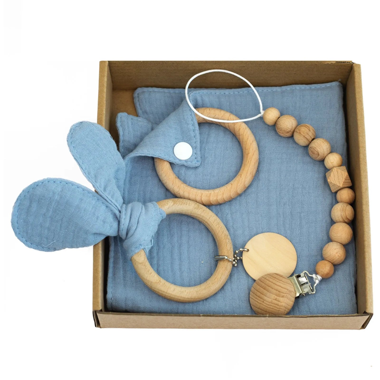 Baby teething toy gift set with bamboo fibre blanket, wooden teether, woven bell, and developmental toys for infants