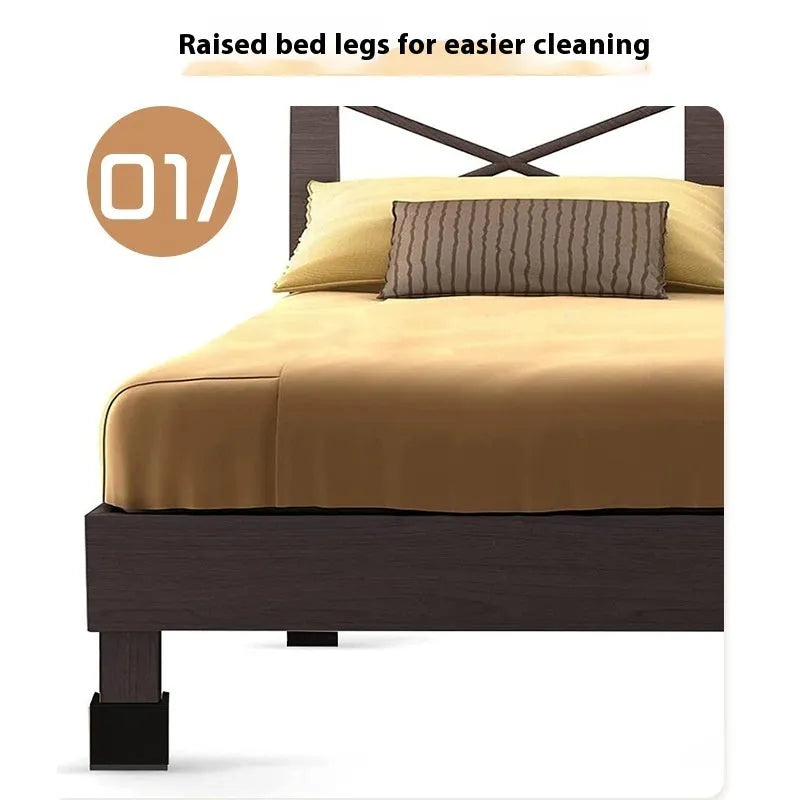 Four black plastic bed foot mats showing 2.5cm height increase for furniture legs