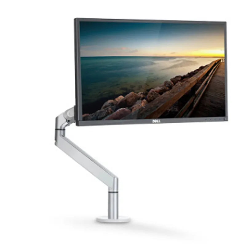 Silver aluminium alloy laptop stand with adjustable height and 360-degree rotation on a wooden desk