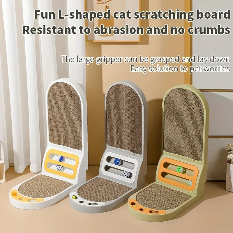 L-Shape Vertical Cat Scratching Board in grey, green, or white, showing thickened scratch-resistant construction.