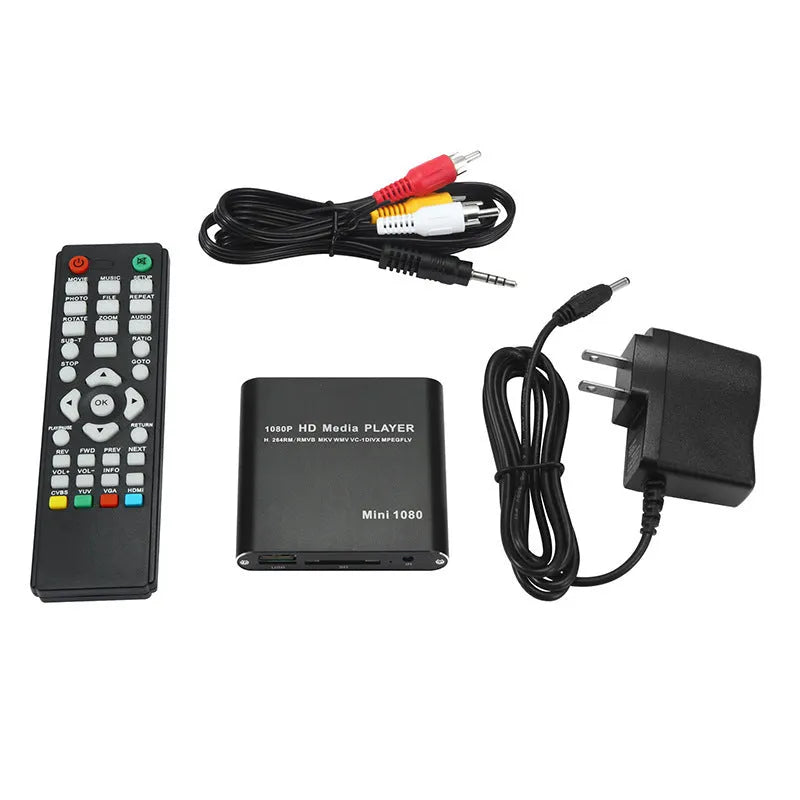 Compact black and blue Full HD 1080p media player with remote control on a wooden surface.