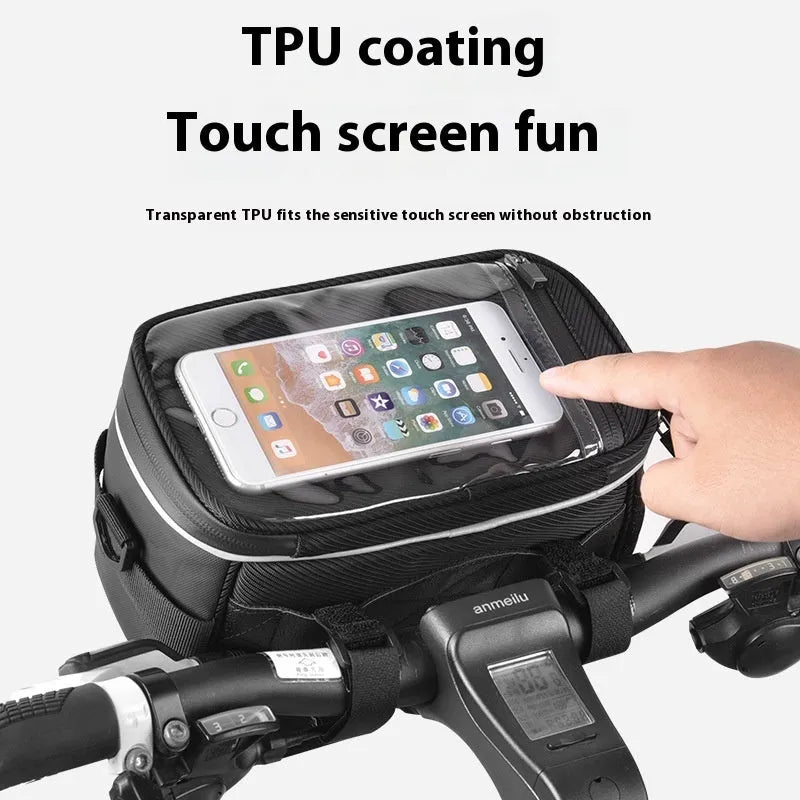 Black 7-inch polyester bicycle handlebar bag with hanging loop for scooter or cycling storage