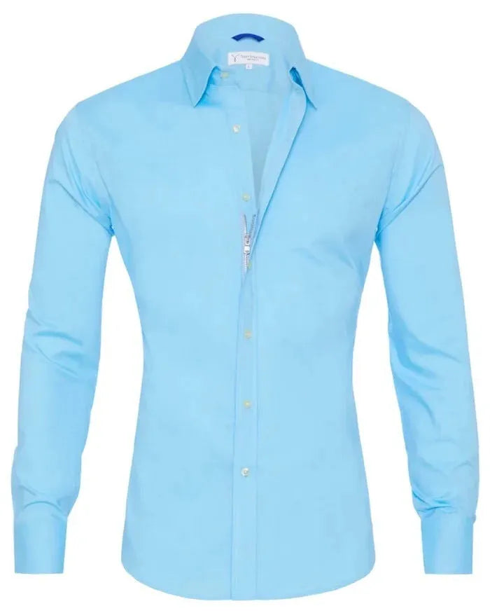 Men's long sleeve zip shirt with button-design collar, slim fit cotton fabric, available in eight colours and sizes XS to XXXL