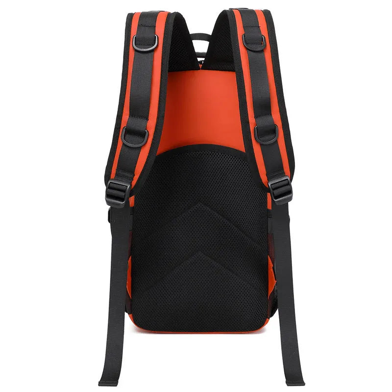 Large capacity orange outdoor backpack with hiking and camping equipment