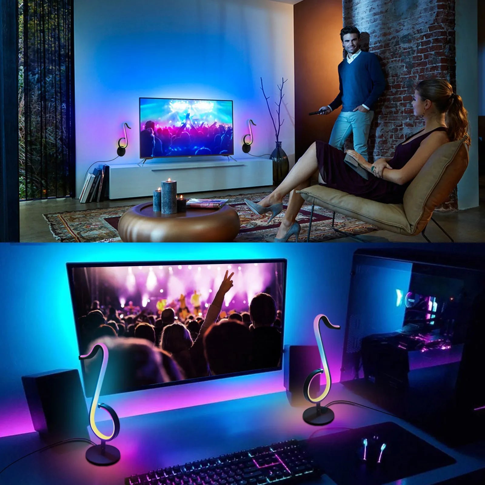 Black aluminium and iron APP-controlled LED atmosphere light with remote, showing 180-degree rotation on a desk.