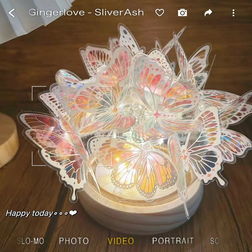 Handmade butterfly night lamp with glass shade on raw wood base, 12x15cm dimensions