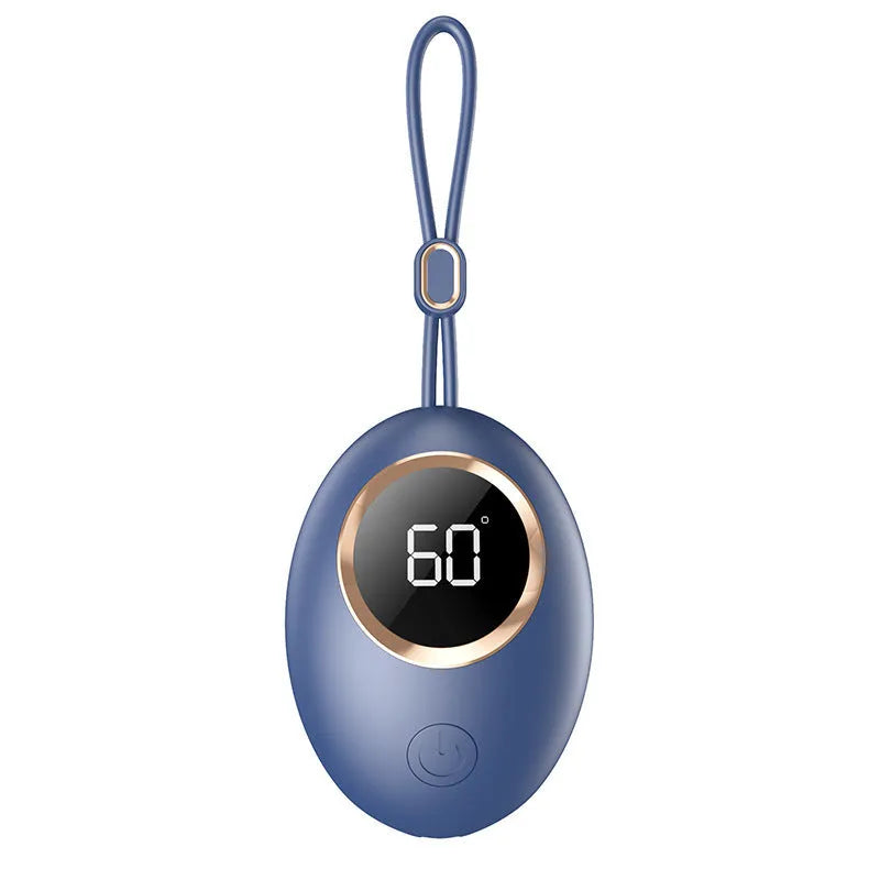 Hand warmer power bank with USB digital display showing battery percentage, aluminium heat dissipation, in charming blue colour