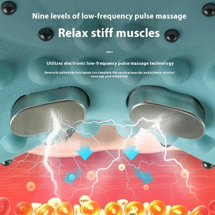 Blue-green portable EMS hot compress massage pillow for cervical spine and shoulders
