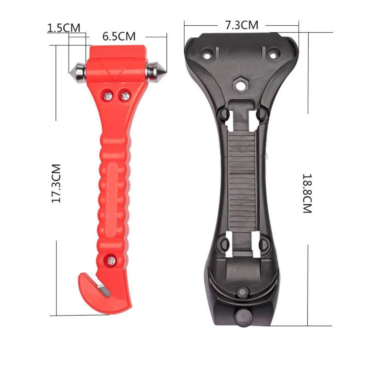 Red car emergency escape hammer with seatbelt cutter, made from ABS and carbon steel.