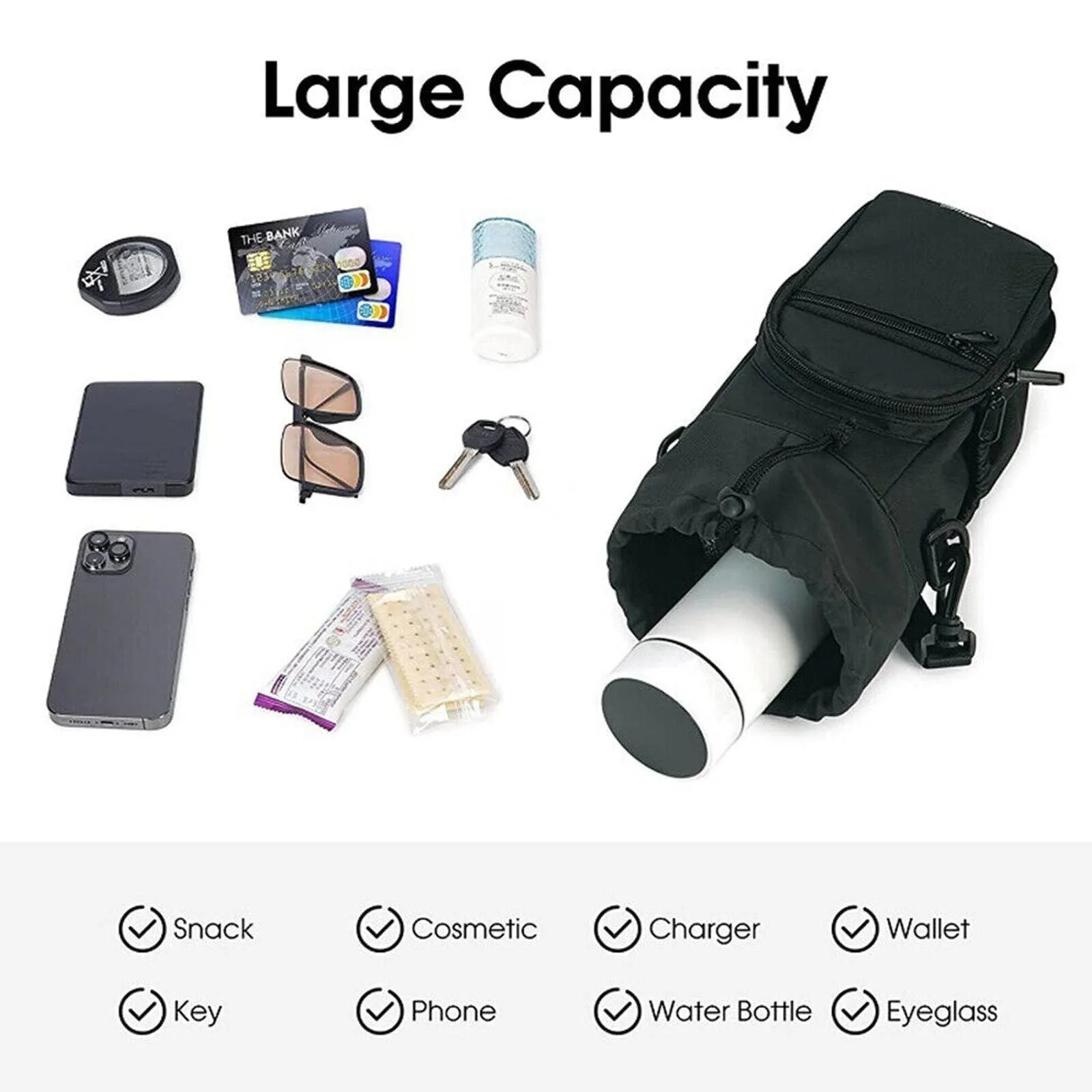 Cloth water bottle pouch with crossbody strap in black green pink colours