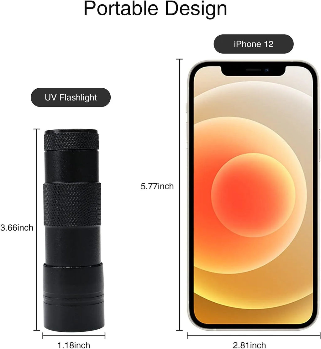 Black or silver aluminium alloy UV flashlight for detecting pet stains and insects.