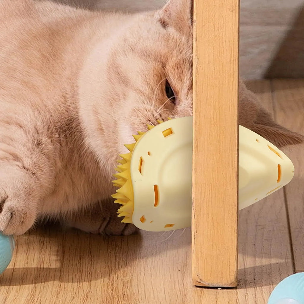 Yellow durian-shaped cat corner scratcher mounted on wall, measuring 21cm by 12cm by 7cm, with peppermint powder packet