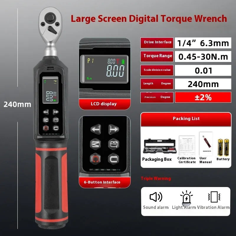 Electronic digital display torque wrench showing torque measurement with triple warning indicators