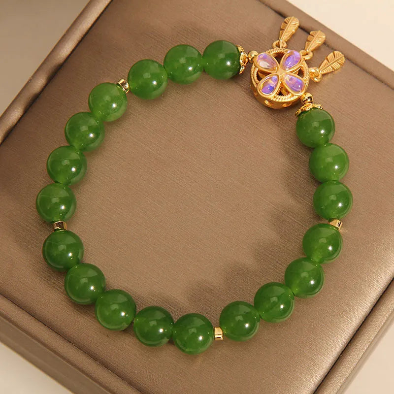Women's green jasper crystal bracelet with four-leaf clover dream catcher pendant original design