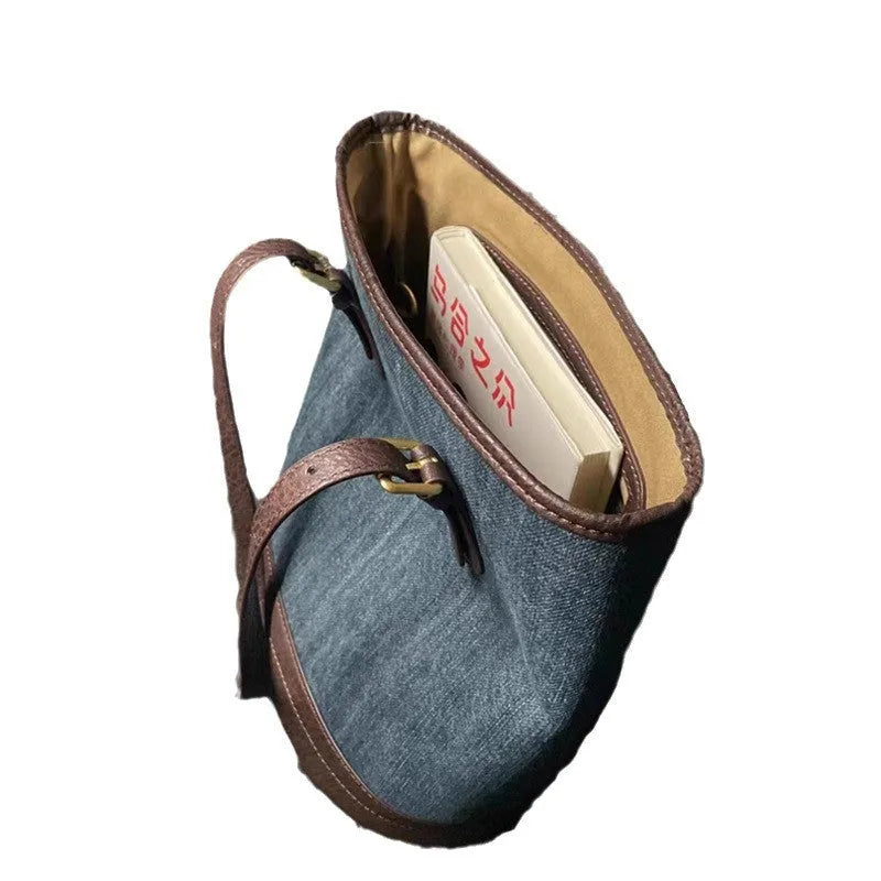 Denim patchwork retro one-shoulder bucket handbag showing large capacity and polyester construction