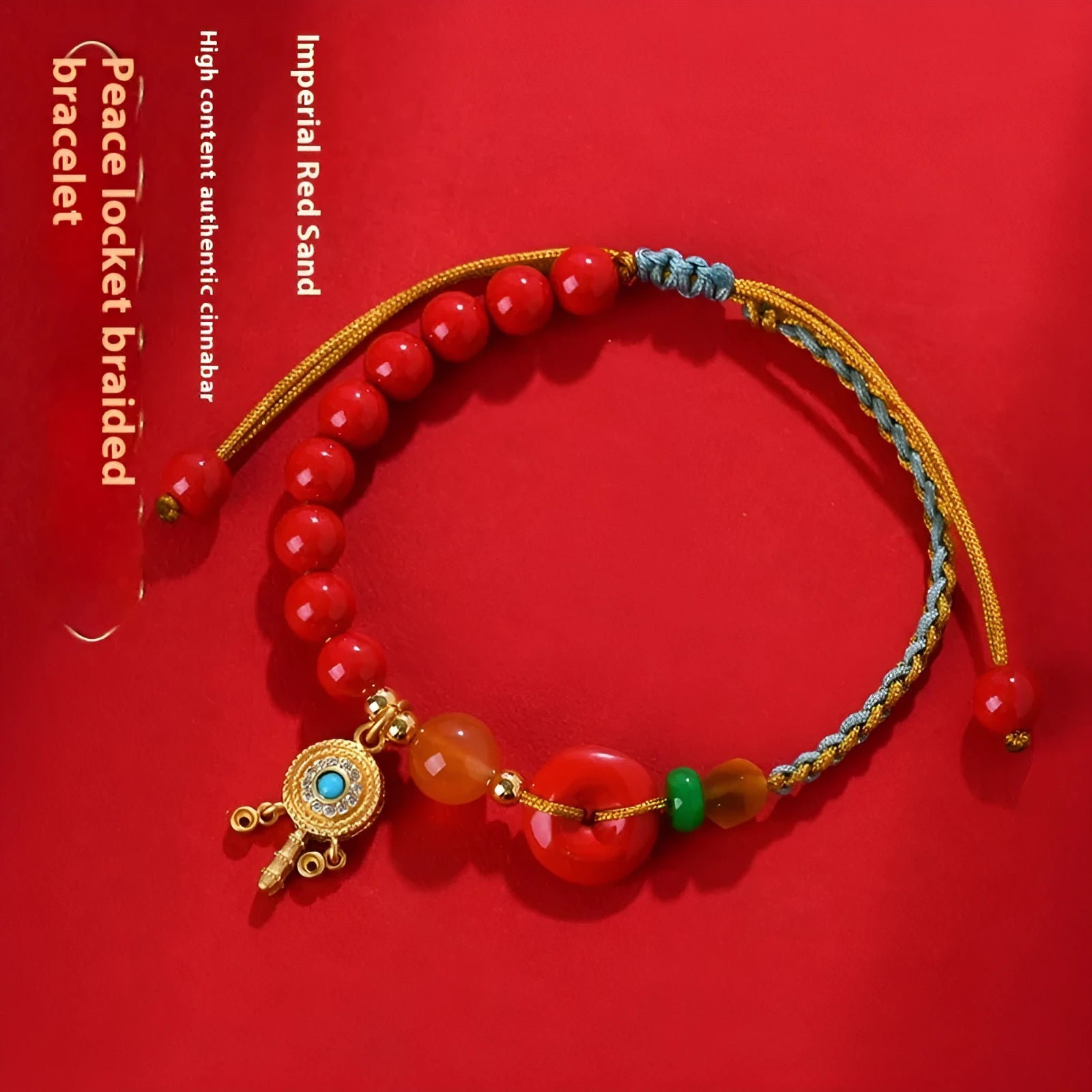 Hand-woven cinnabar bracelet with geometric peace blessing buckle in emperor red sand colour