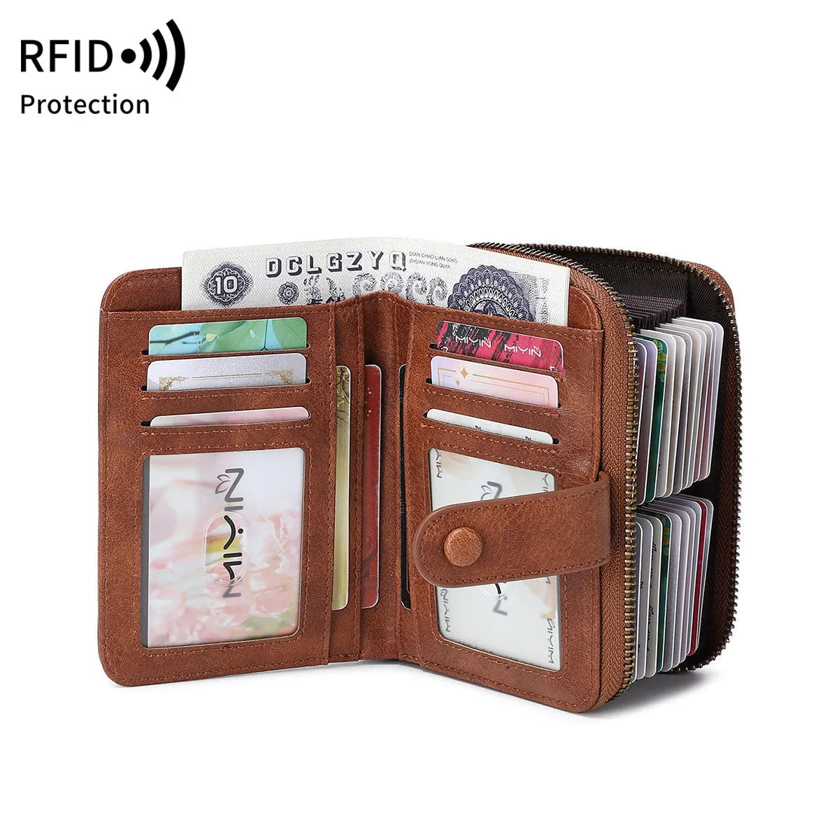 Leopard print retro small wallet with zipper, hollow stitching, and anti-theft card slot in various colour options.
