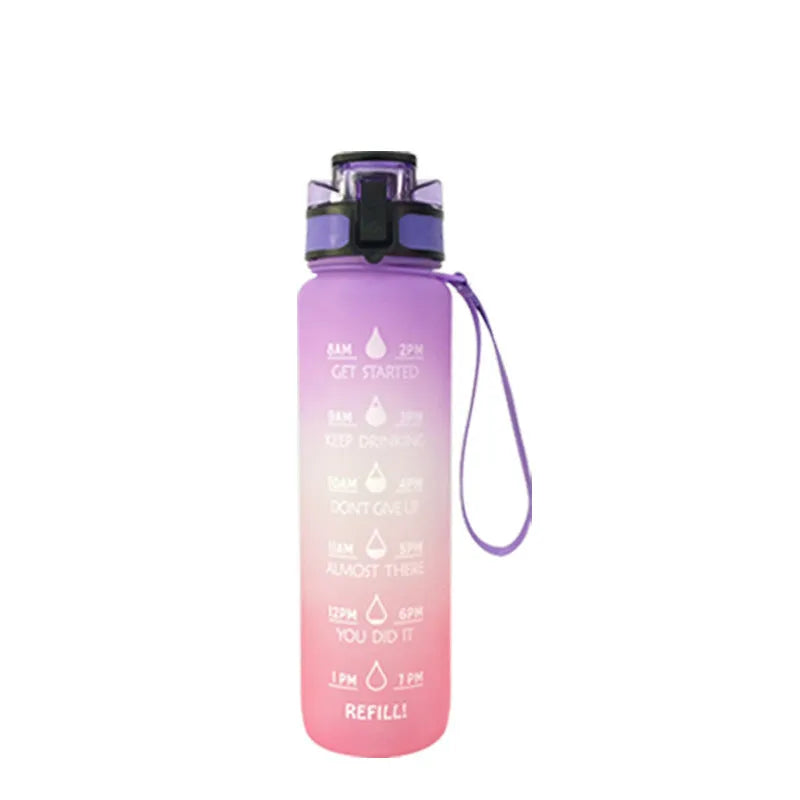 Clear 1000ml Tritan sports water bottle with blue lid and infuser inside, showing measurements.