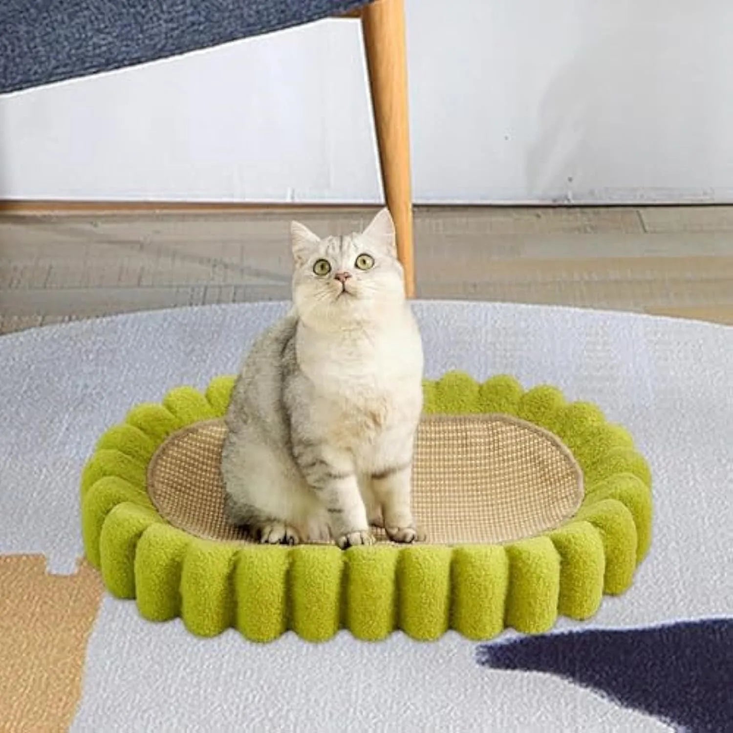 Green oval cat scratch pad bowl with sisal scratching surface measuring 65cm by 42cm