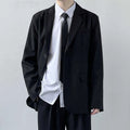 Men's plus size suit jacket with trousers, white shirt, and tie in loose college style cut