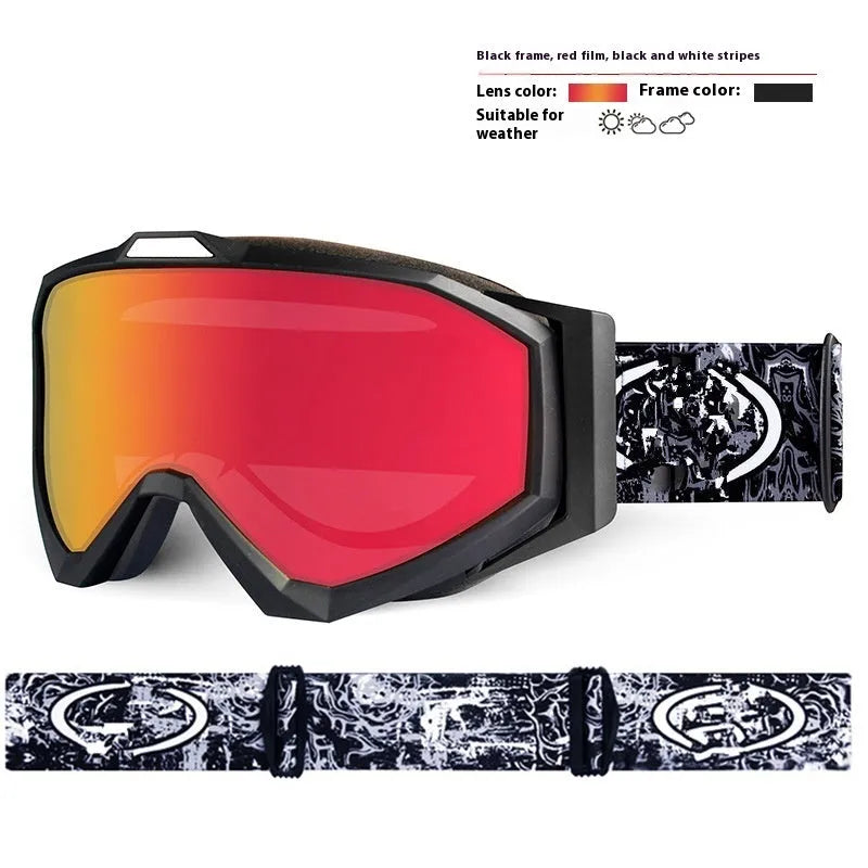 Motorcycle goggles with double-layer construction in black frame with grey lens, showing anti-fog design