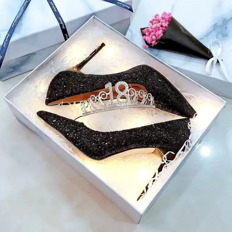 Women's crystal bridal shoes in black and silver with 3cm, 7cm, and 9cm heel height options