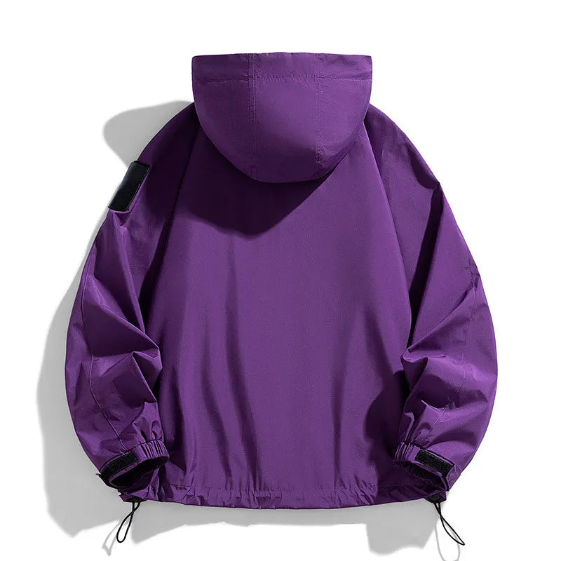 Men's hooded windproof waterproof jacket in black, ginger yellow, or purple, with regular length and long sleeves