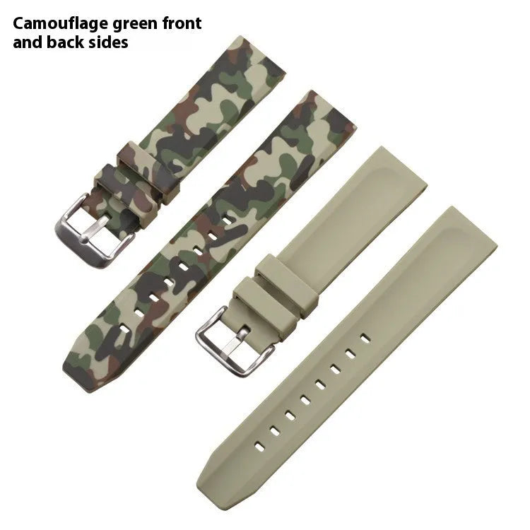 Camouflage silicone watch strap in blue, gray, or green with universal flat head design