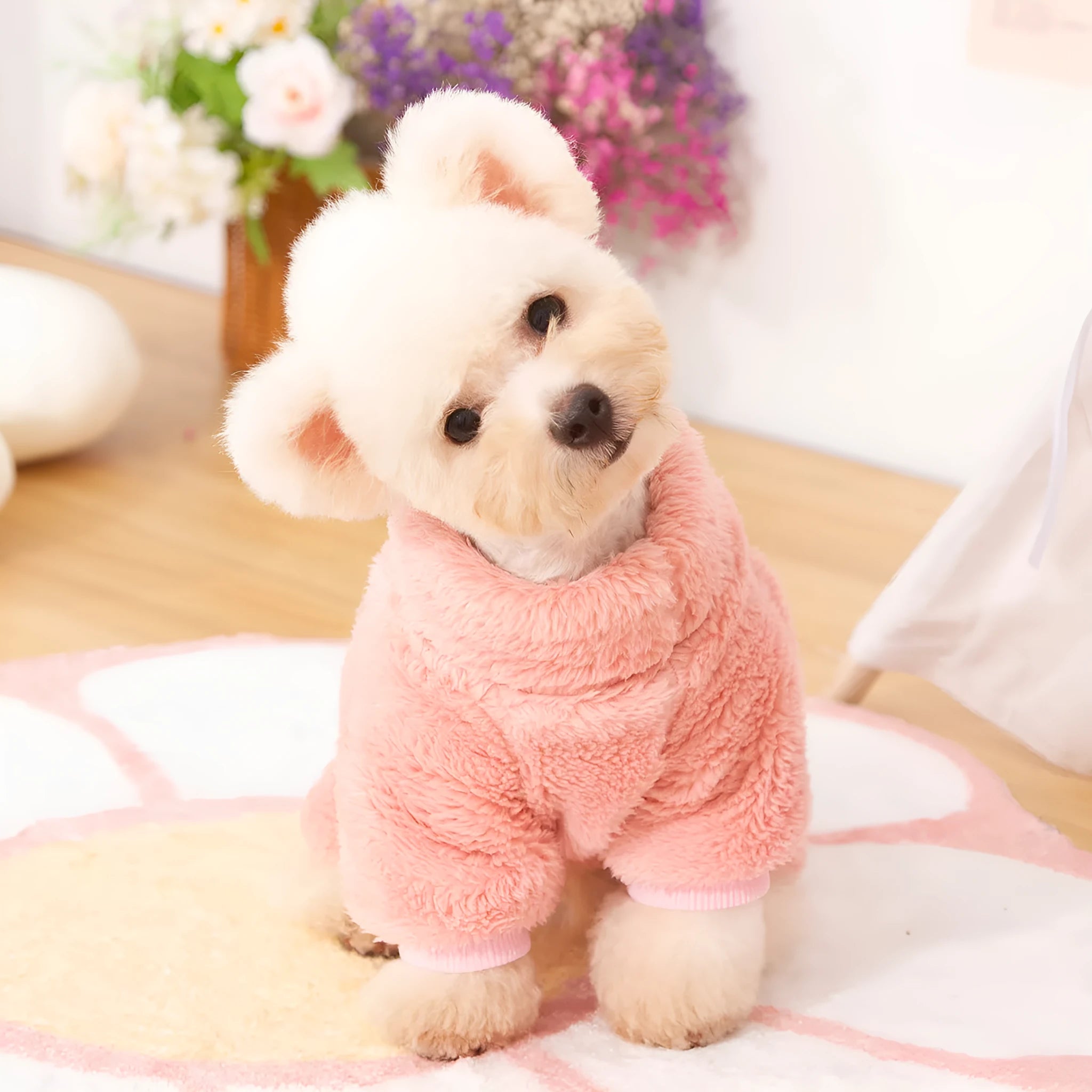 Blue double-sided thick plush dog clothing with high collar and towing ring on a mannequin.