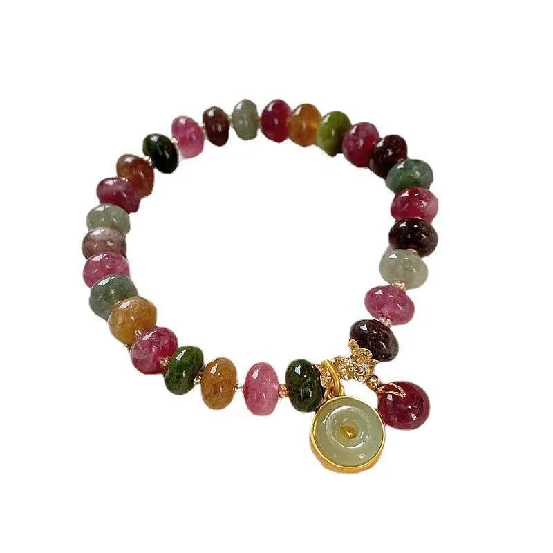 Colourful tourmaline abacus bead bracelet with rabbit pendant on natural stone beads