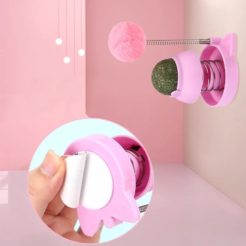 Lucky Cat Licking Music Mint Ball toy showing 55mm diameter mint ball with self-hi mechanism for feline dental care and entertainment