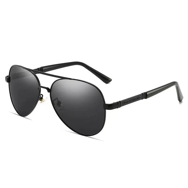 Men's polarised sunglasses with metal frames, dragon-phoenix decoration, and grey lenses for UV400 protection
