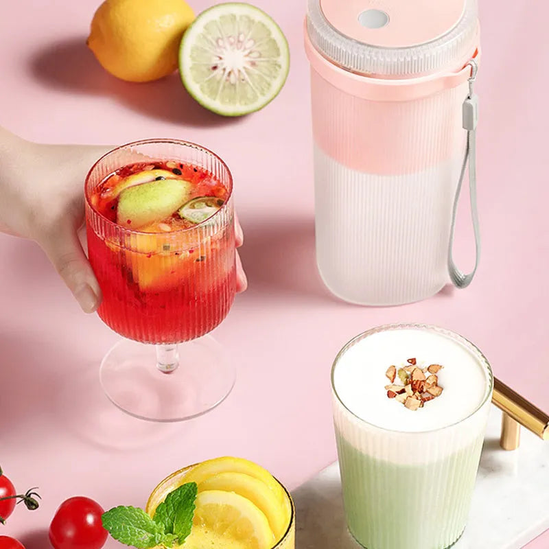 Blue portable blender electric juicer cup with USB cable, dimensions 7x7x19.5cm, 300ml capacity