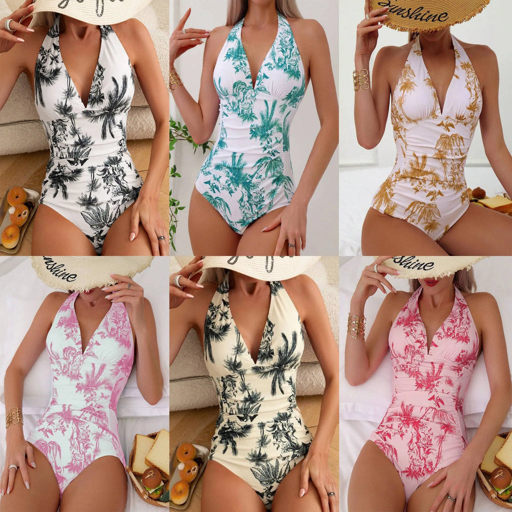 Women's printed V-neck one-piece swimsuit on a hanger showing apricot colour variant.