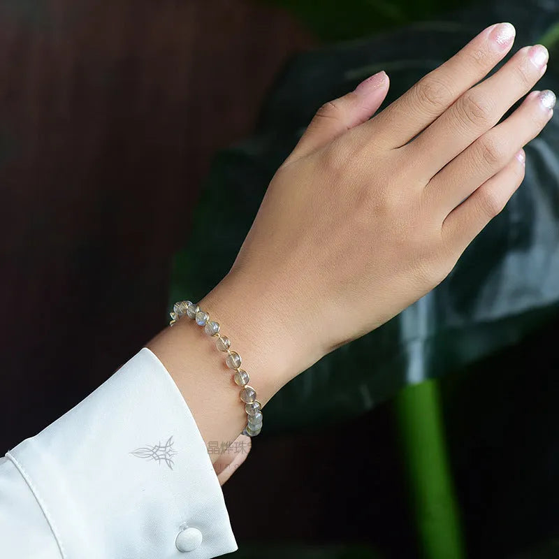 Women's 14K gilded bracelet with 6MM natural moonstone crystals in starry sky design