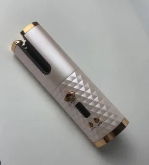 Portable automatic wireless USB charging mini curling iron in white, pink, or grey with gold ceramic barrel