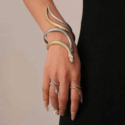 Gold and silver exaggerated twisted winding snake opening ring and bracelet jewellery set