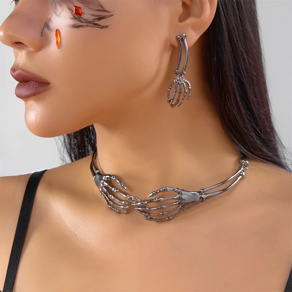 Dark style skull and ghost hand jewellery set with matching necklace and earrings in electroplated alloy