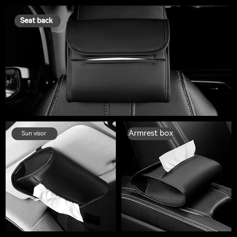 Leather car tissue box with elastic band for sun visor mounting in choice of five colours