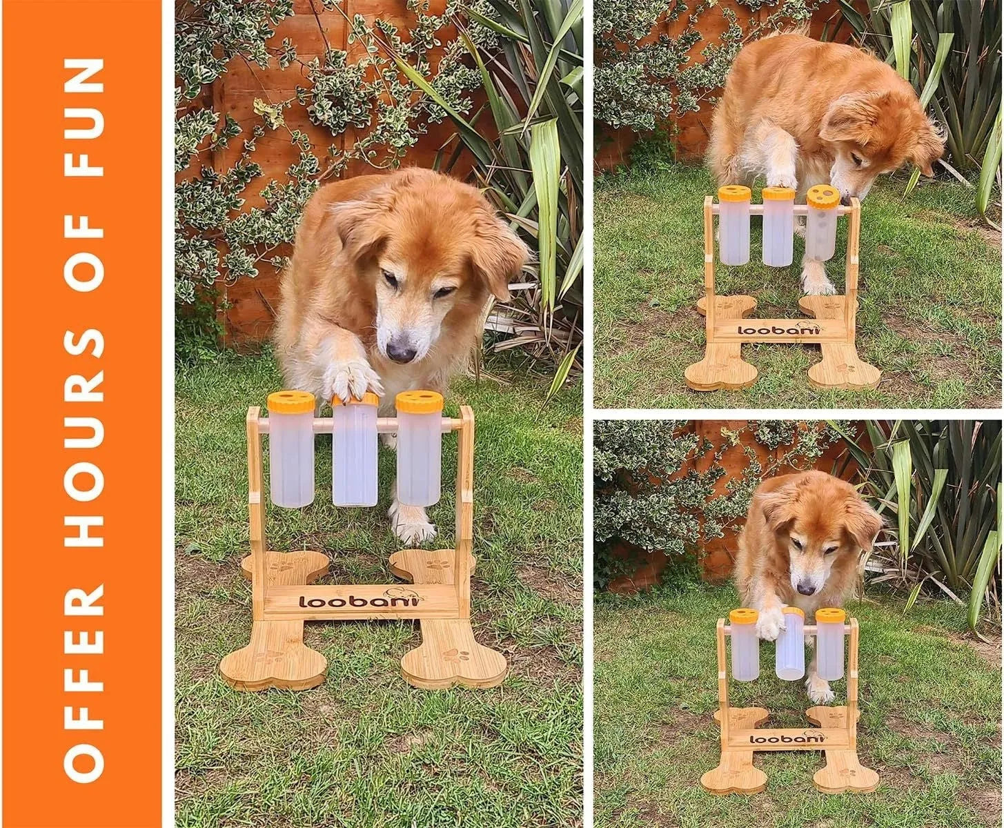 Wooden dog puzzle toy treat dispenser measuring 31x30x20cm with compartments for canine mental stimulation