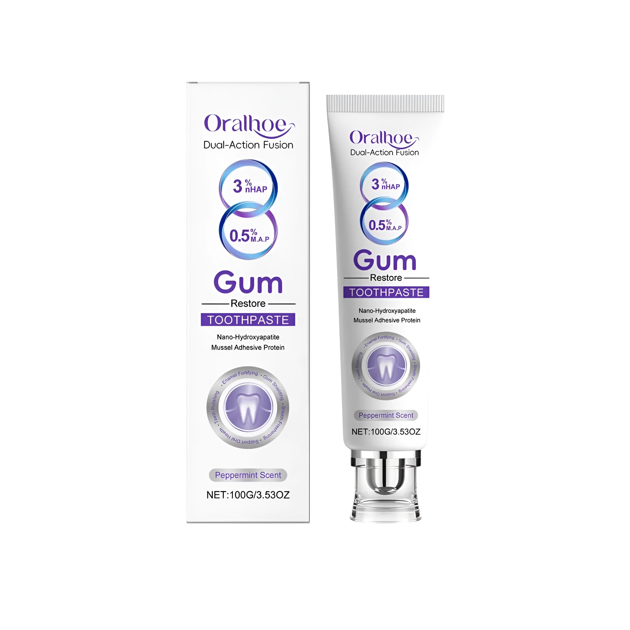 100g tube of Gum Restore Toothpaste with hydroxyapatite and mussel adhesion protein for gum and enamel health.