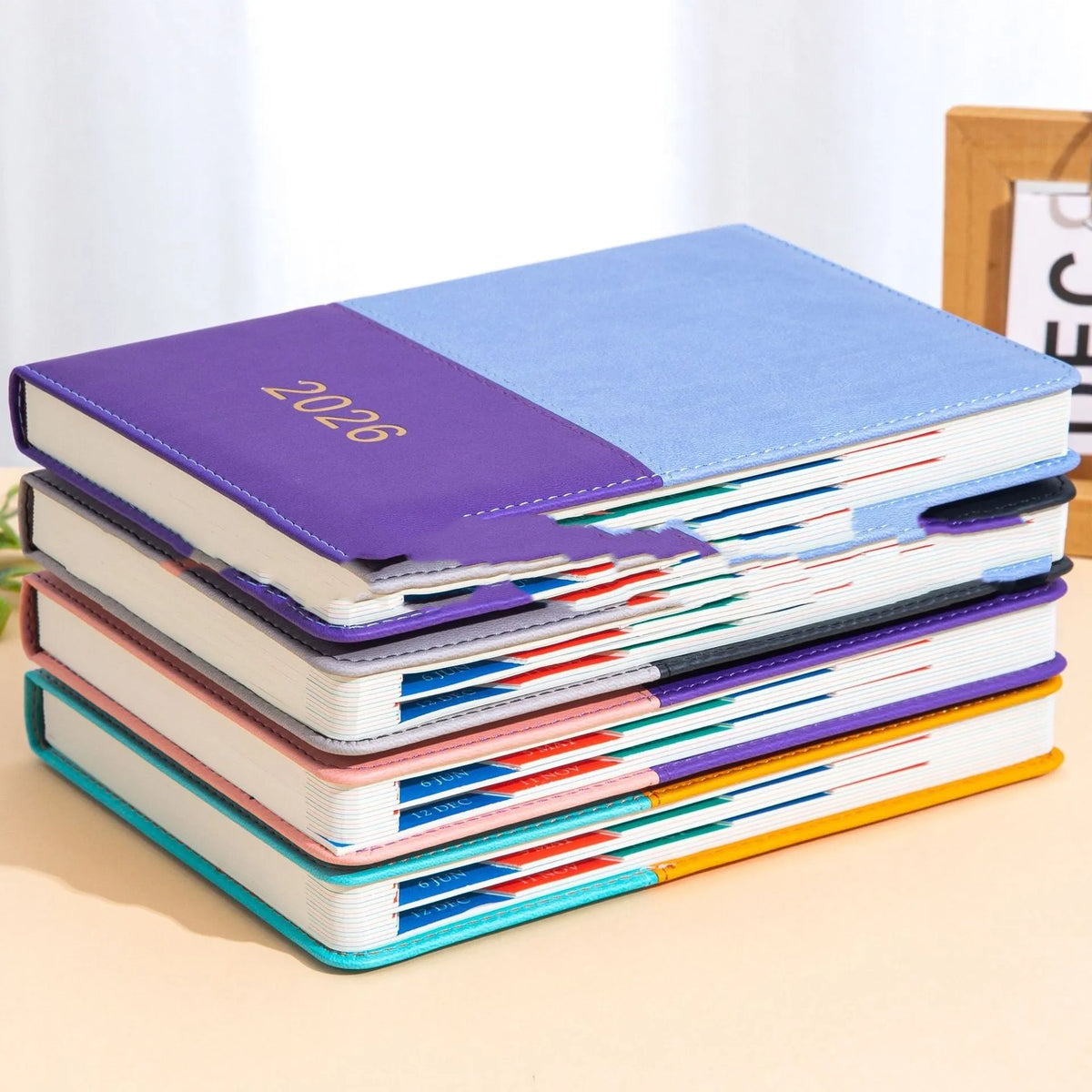 A5 schedule book with waist seal and imitation leather cover in black gray, yellow green, blue purple, or pink purple