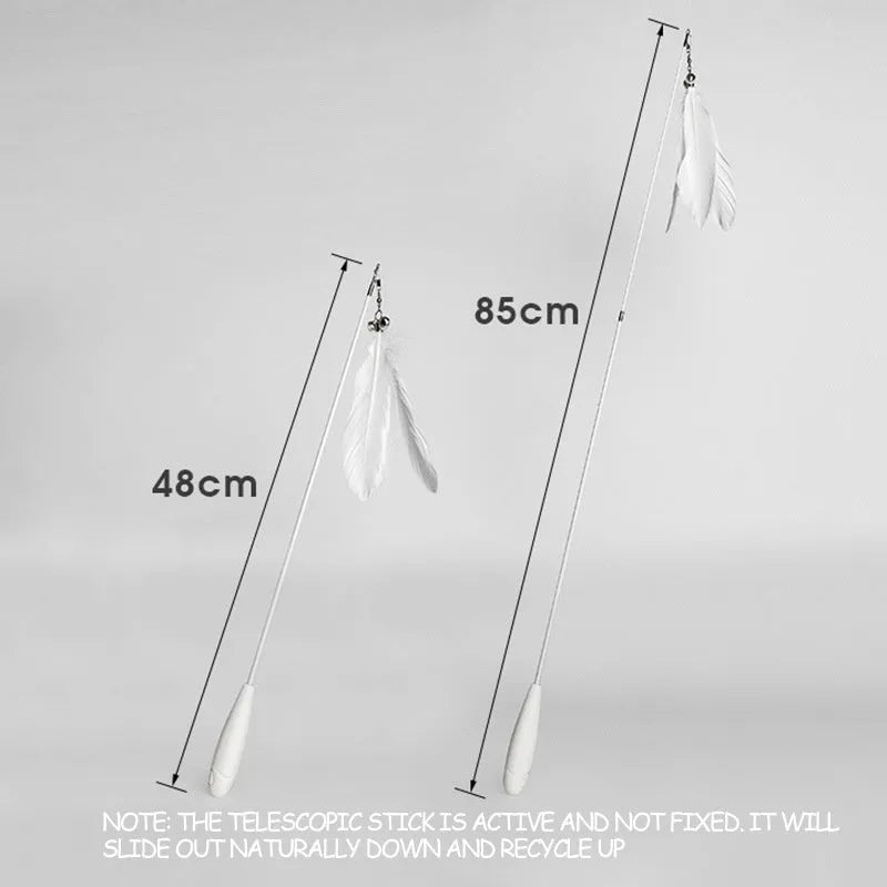 Telescopic cat fishing rod extended, showing goose feather bell toy and removable pen on fibre shaft