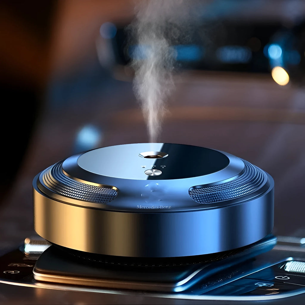 Compact automatic car air freshener machine with zinc alloy shell on a car dashboard.