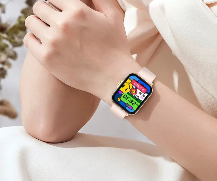 Smart watch with 1.7-inch blue touch screen on adjustable strap, showing heart rate and time display