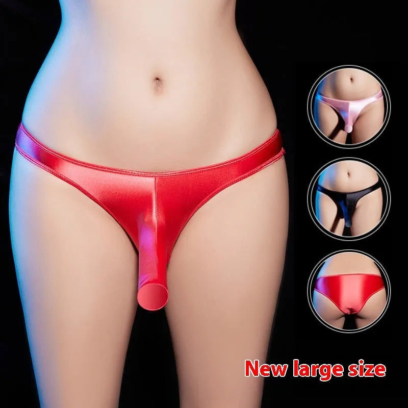 Men's low waist T-back underwear in shiny nylon fabric showing five colour options