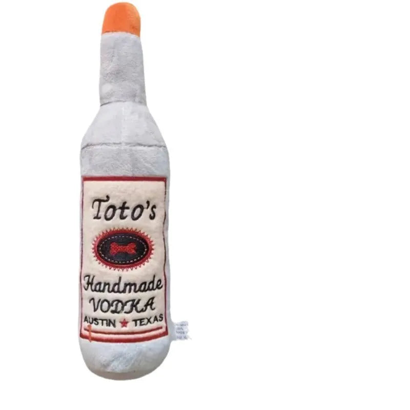 Brown wine bottle shaped plush dog toy with textured molar-like chewing surface