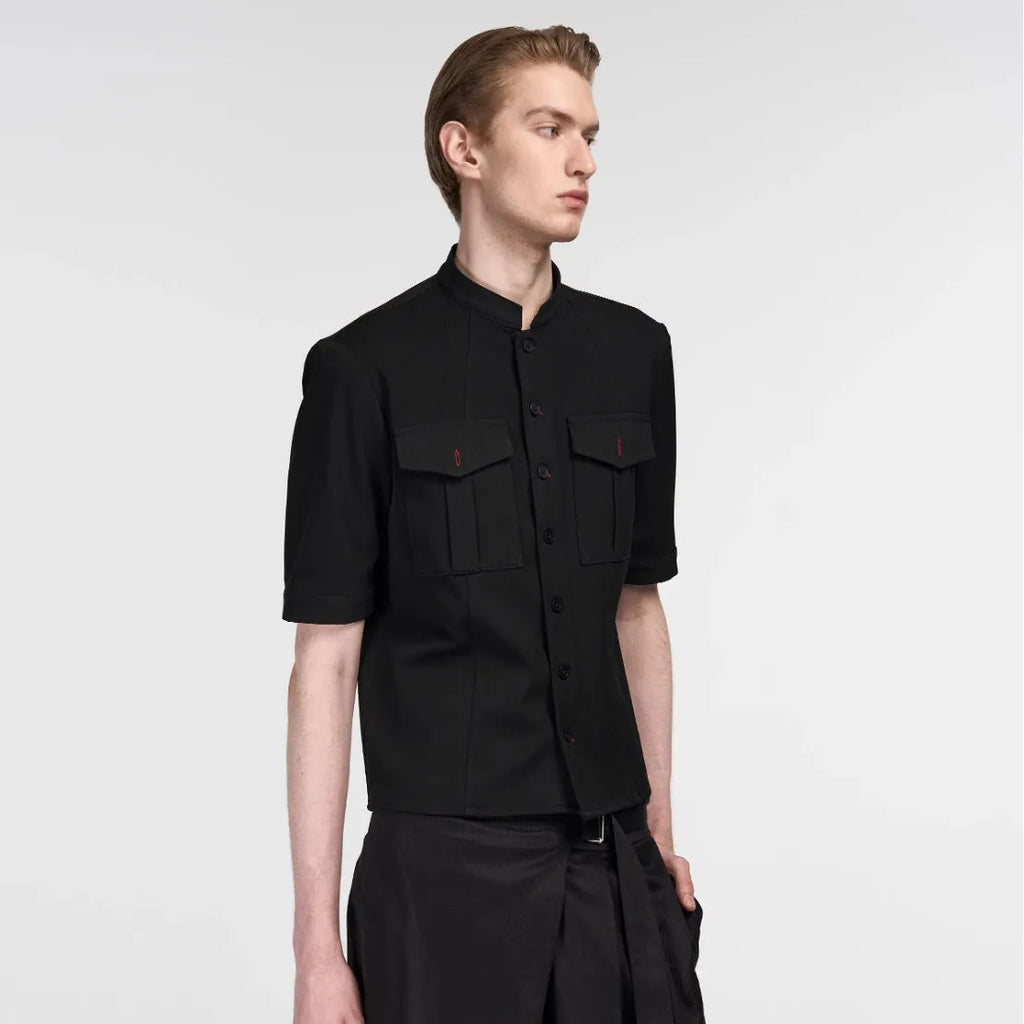 Handmade red eye hunting suit half sleeve shirt in black, loose fit with shirt collar and single-breasted placket