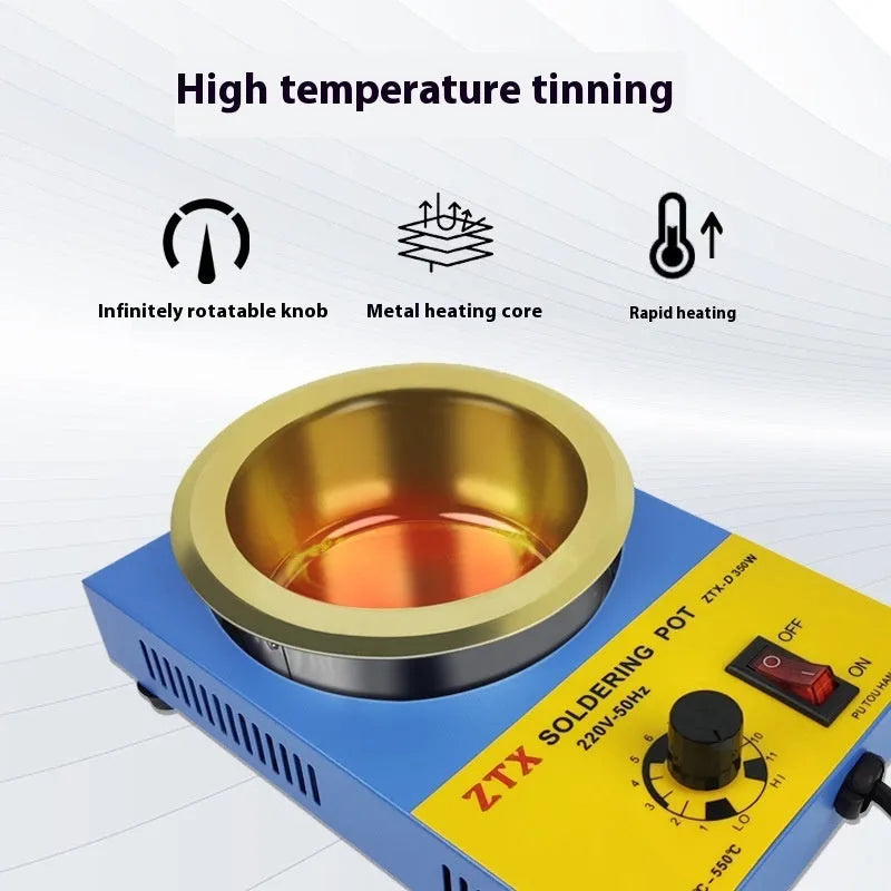 Desktop adjustable temperature tin melting furnace with thermostat control and titanium-plated pot.